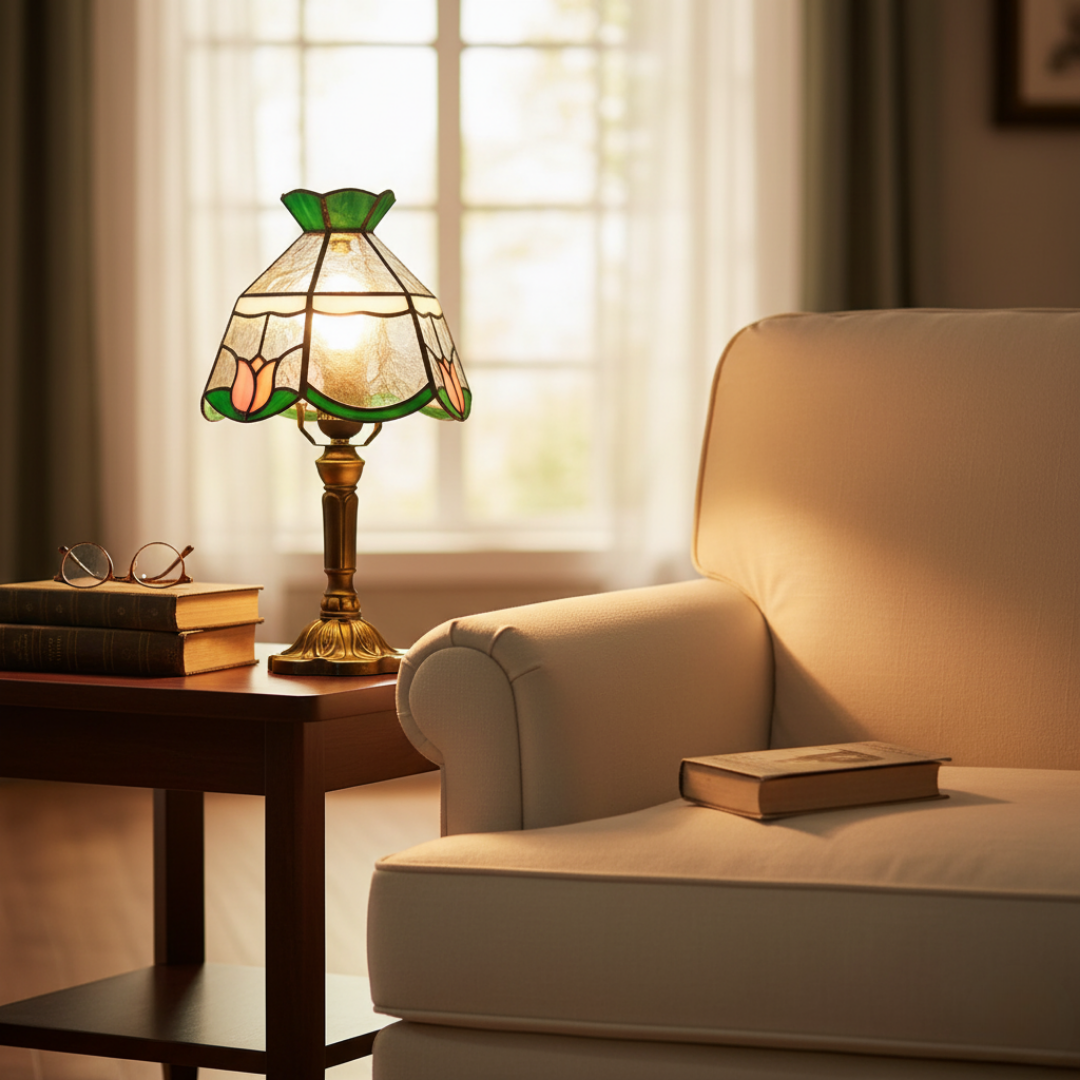 Antik Barokk Asztali LED Lámpa - Üveg Vitrázs Stílusú Világítás