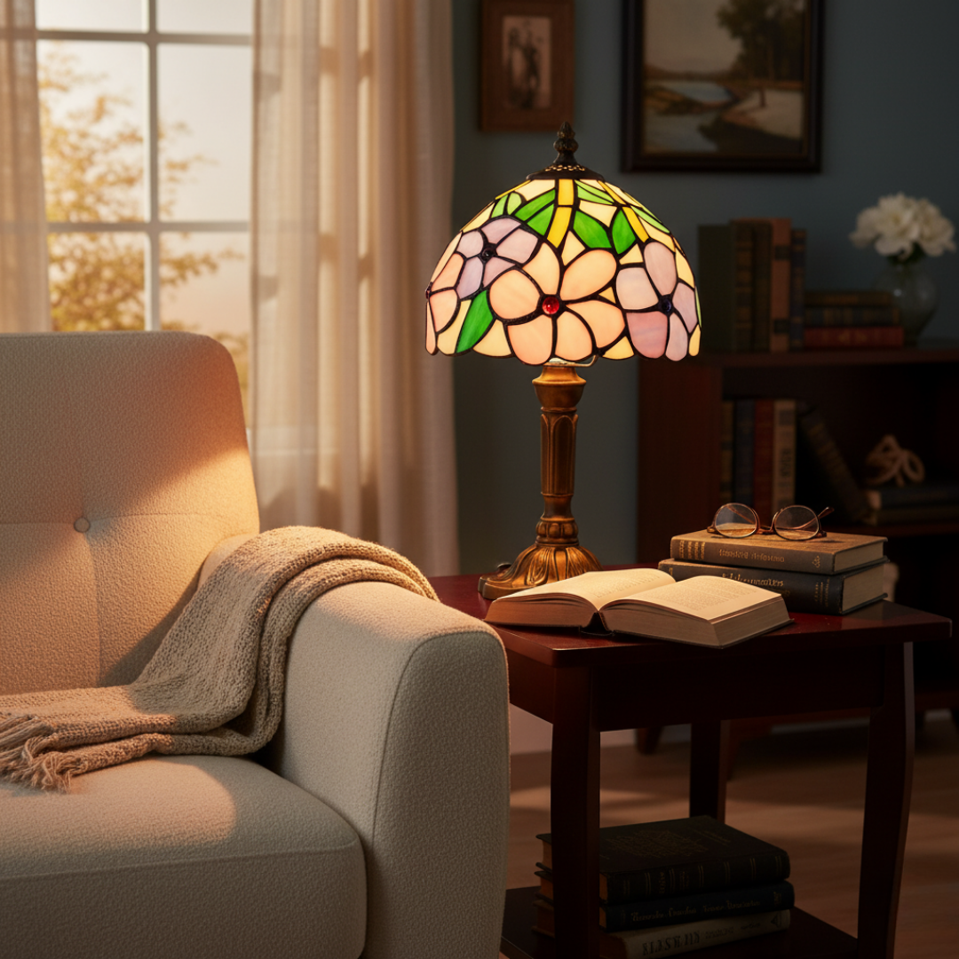 Barokk Inspirált Asztali LED Lámpa - Üvegablakos Design és Mediterrán Hangulat