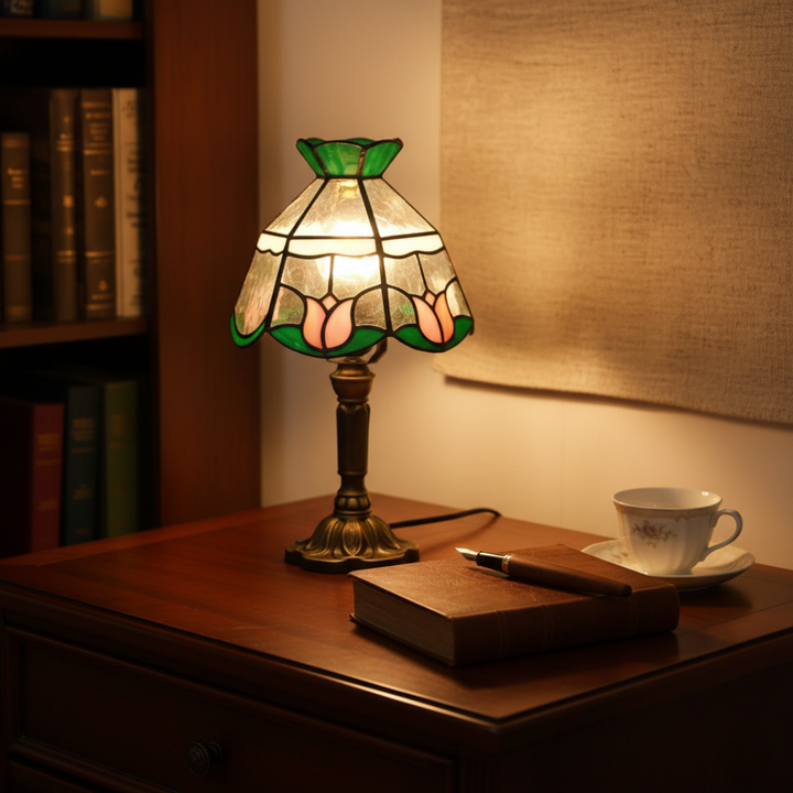 Antik Barokk Asztali LED Lámpa - Üveg Vitrázs Stílusú Világítás