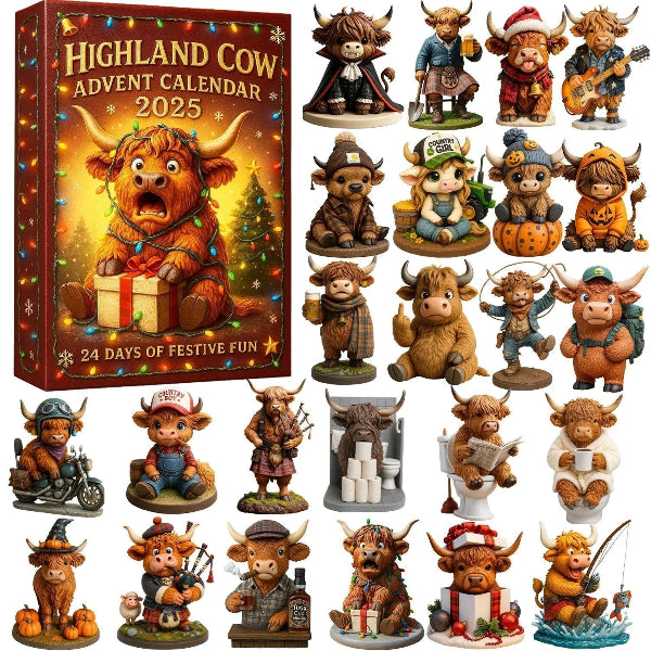 🐮Adventi naptár a Highlanderrel 2025 🎄✨ – Kézzel készült 3D baba Highlanderrel (24 darab)